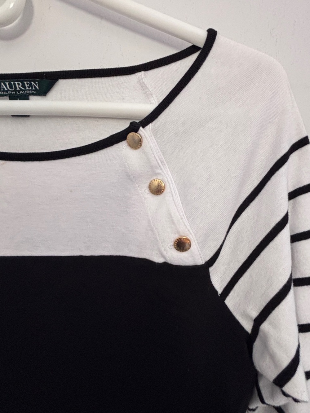LAUREN Ralph Lauren Black & White Striped Sleeve Boatneck Top with Gold Buttons - Picture 2 of 6